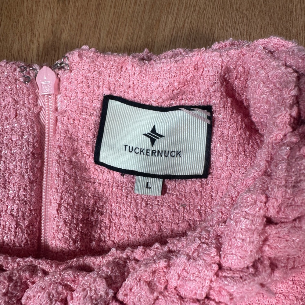 Tuckernuck Jackie Tweed Dress L Coral Pink Shift Mini Gold Buttons Preppy - Picture 7 of 10